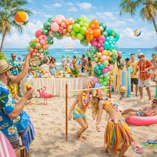 Image of Flamingo Hawaiian Tropical Balloon Garland Arch Kit,161 Pcs Fruit Green and Hot Pink Aqua Blue Orange Gold Balloons for Hawaii Summer Beach Pool Luau Birthday Baby Shower Party Decorations