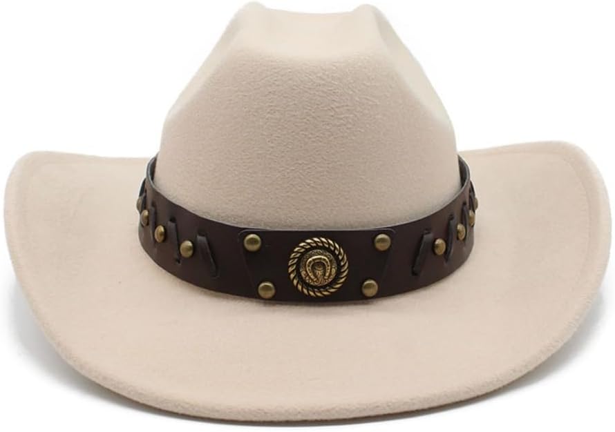Western Cowboy Hat with Studded Band, Black Felt, Decorative Metal Medallion