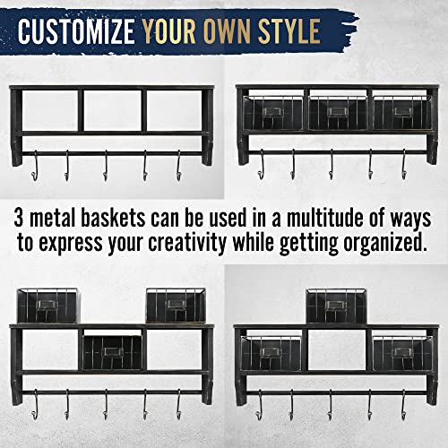 Hbcy Creations Wall Mounted Shelf With Coat Hooks And Baskets, Solid Wood Entryway Organizer Wall Shelf With Hooks - Hang Coats, Keys Or Coffee Mugs, Rustic Blackwash 24" Wide #TOP2
