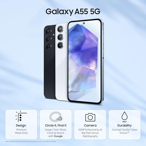 Image of Samsung Galaxy A55 5G (Awesome Navy, 8GB RAM, 256GB Storage) | AI Mobile | 50MP Main Camera (OIS) | Super HDR Video| Nightography | IP67 | Gorilla Glass Victus+ | sAMOLED | Gaming Smartphone