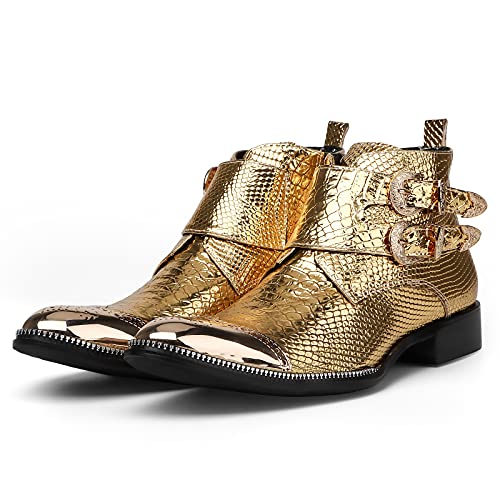 Rui Landed Men's Party Ankle Boot Casual Retro Snakeskin Texure Metal Pointed Toe Wing Tips Brogue 3.5Cm Block Heel Double Monk Straps Pull Tap High-Top Convenient Inner Zipper Formal Shoes Gold #TOP2