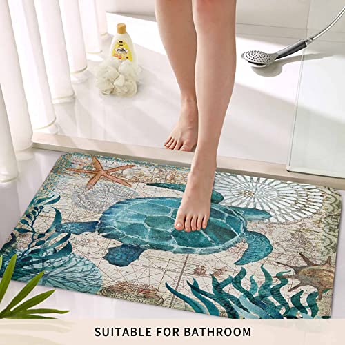 Coastal Blue Sea Turtle Nautical Map Doormat Welcome Mats Rugs Carpet Outdoor/Indoor For Home/Office/Bedroom, 18"X30" #TOP5