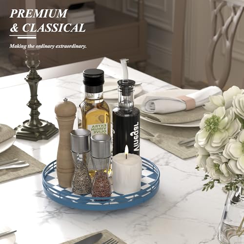 Image of Premium Rubber Wood Lazy Susan Turntable, Blue White Checkerboard Decorative Serving Tray, Hand-Welded Metal Railing, Stable Rotating Organizer for Dining Table, Kitchen Counter, Coffee Table Decor