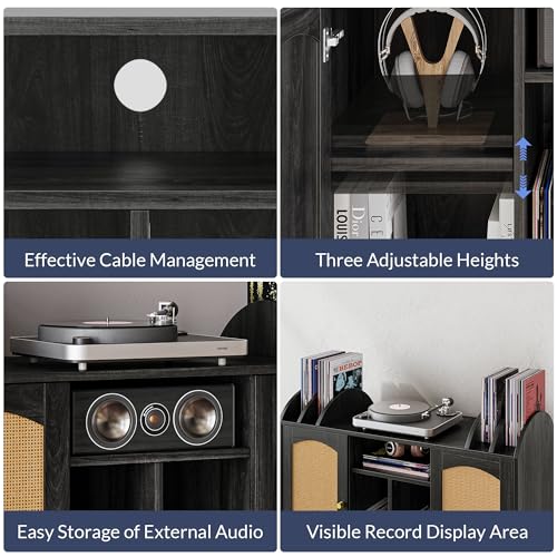 Image of BELLEZE Mid-Century Record Player Stand, Rattan Vinyl Storage Cabinet for 350+ Albums, Turntable Table with Power Outlet, Media Console Music Station for Living Room,Office - Brown