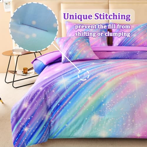 Image of 6 Pcs Rainbow Girls Bedding Set Twin, Glitter Galaxy Comforter Set with Sheets, Soft Ombre Purple Twin Bedding Set for Girls