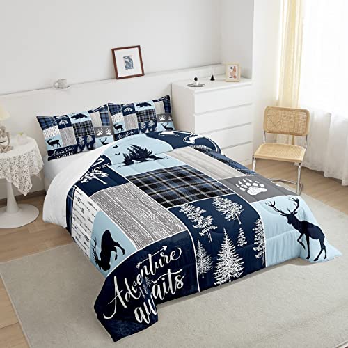 Hunting Bear Deer Quilt, Buffalo Plaid Comforter Set Twin Size Rustic Cabin Patchwork Bedding Set For Kids Boys Teens Adult, Farmhouse Cowboy Woodland Down Comforter With 1 Pillow Case, Blue Grey #TOP3