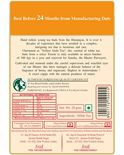 Image of Sancha Tea Boutique, Yellow Gold White Tea, 25g Golden Needle White Tea Buds, Harvested in Darjeeling, Rare Loose Leaf Premium Tea
