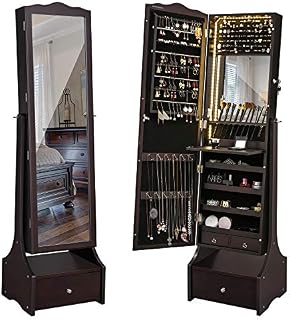 SONGMICS 39.4'' LED Light Strip Jewelry Cabinet Armoire, Lockable Full Length Mirrored Jewelry
