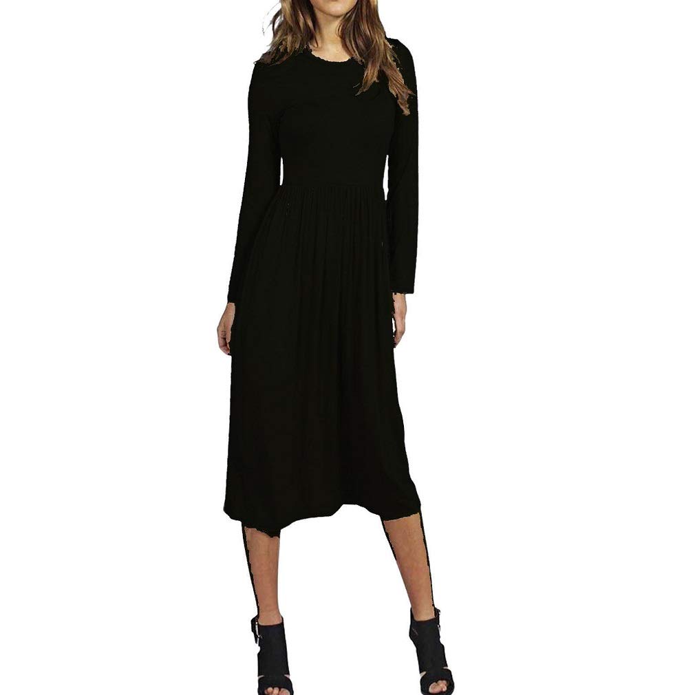 Metluq M0d4 Women's Black New Frankie Swing Dress Flared Skater Jersey Plain Long Sleeve Midi 8-26 (, Uk 16-18)