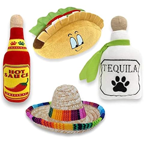 Baja Ponchos 4 Pack Fiesta Dog Chew Toys and Sombrero - Mexican Squeak Plush Toys - Dog Gifts for Chihuahuas - Taco - Tequila - Hot Sauce - for All Breeds Cover