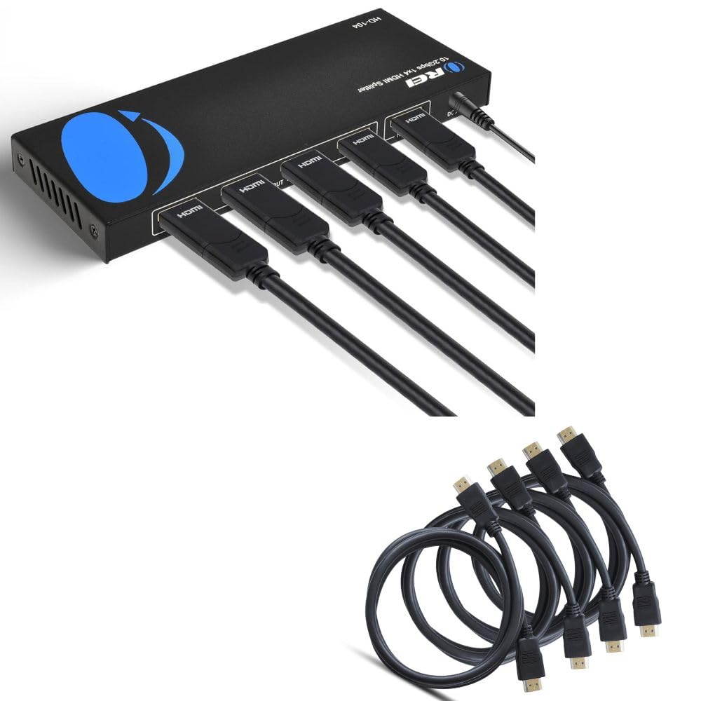 OREI 4K HDMI Splitter 1 in 4 Out Bundle with 4-Pack 6ft HDMI Cable - 4K @ 30 Hz - Supports 3D Full HD 1080P