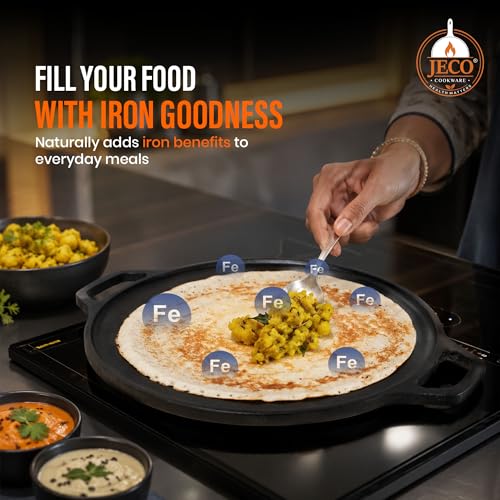 Image of Cast Iron Dosa Tawa with Dual Grip Handles | Pre-Seasoned Non-Stick Iron Tawa for Dosa /Chilla /Roti | Heavy Duty Non-Toxic Cookware | Gas Stove & Induction Compatible | Black, 30cm, 2.2kg