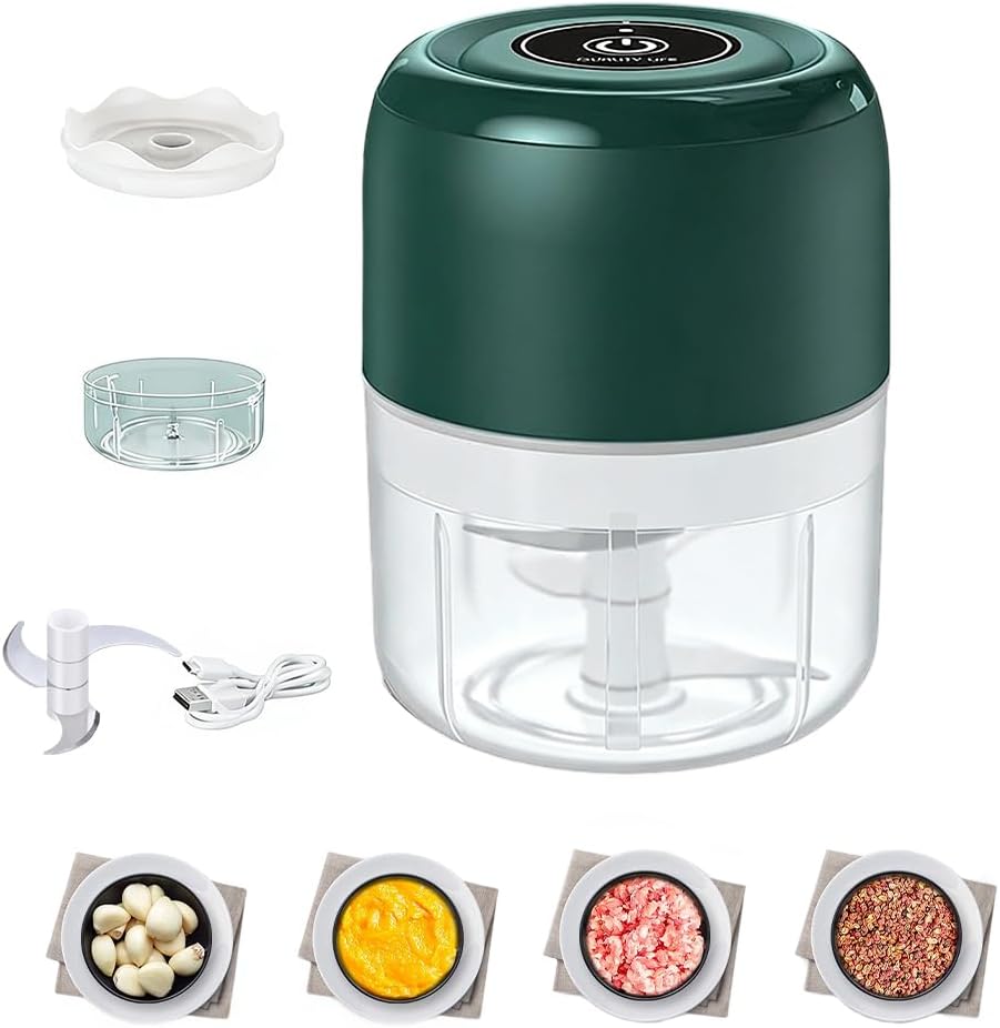 Electric Garlic Chopper, Household Electric Garlic Crusher Set, Rechargeable Wireless Portable Mini Food Chopper for Garlic Ginger Nuts Meat (green 250ml)