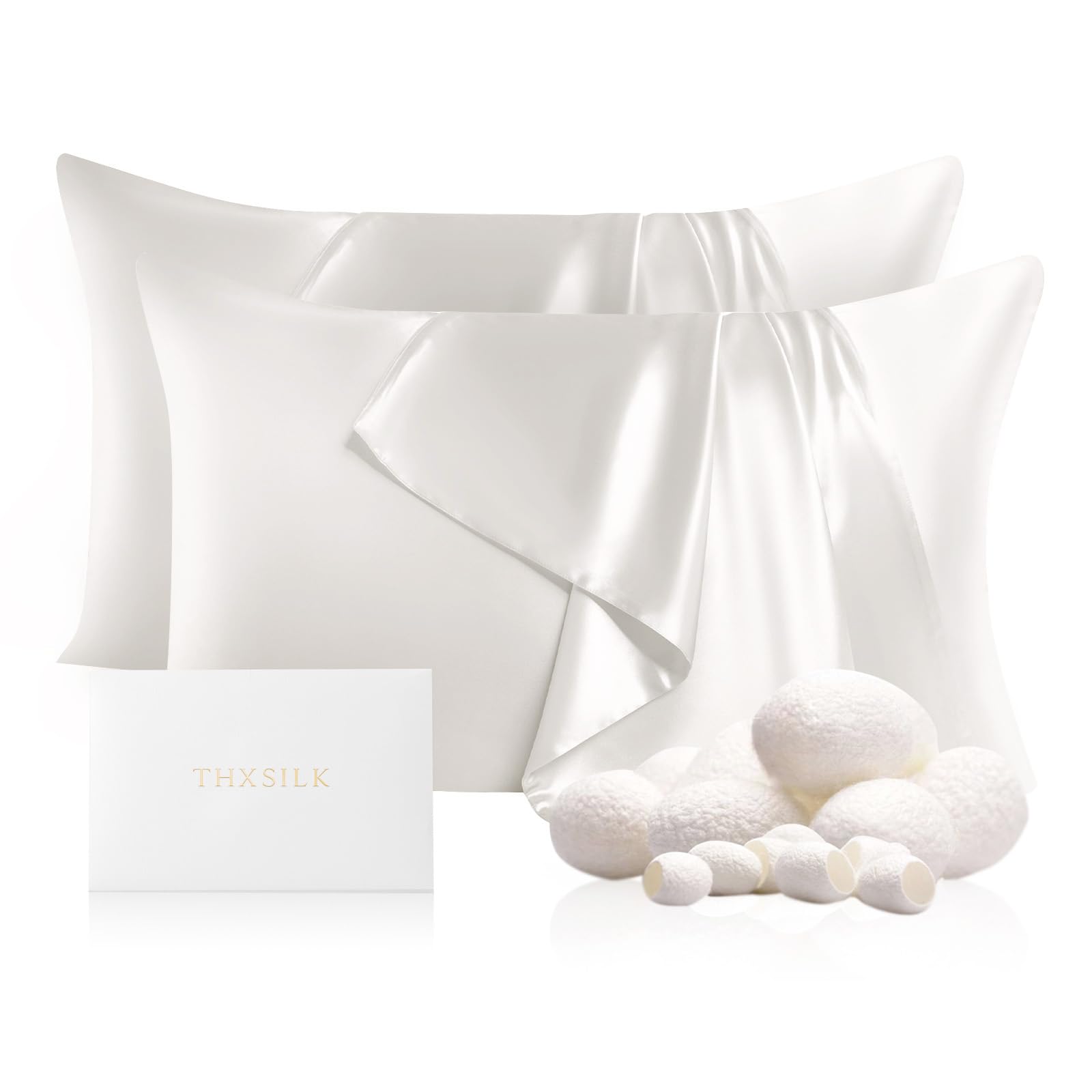 THXSILK2 Pack 100% Pure Mulberry Silk Pillowcase for Hair and Skin, Highest 6A+ Grade 22 Momme Silk Pillow Case Standard Size, Real Silk Pillowcase with Zipper (White, Standard)OEKO-TEX STANDARD 100