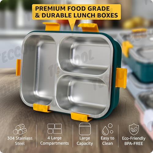 Image of TEKCOOL Lunch Box for Adults - Lunch Box for Kids with Spoon & Fork - Stainless Steel Lunch Box with 3 Compartment - Durable Perfect Size for On-The-Go Meal, BPA-Free