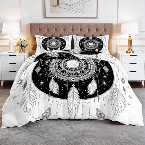 XCQHZYQ Edredon Nordico Cama 105 Línea Arte Luna Pluma, Colcha Infantil Relleno Nordico 180x220 cm de Microfibra, Edredón 4 Estaciones Reversible Blanco Negro, con 2 Fundas de Almohada 50x75 cm
