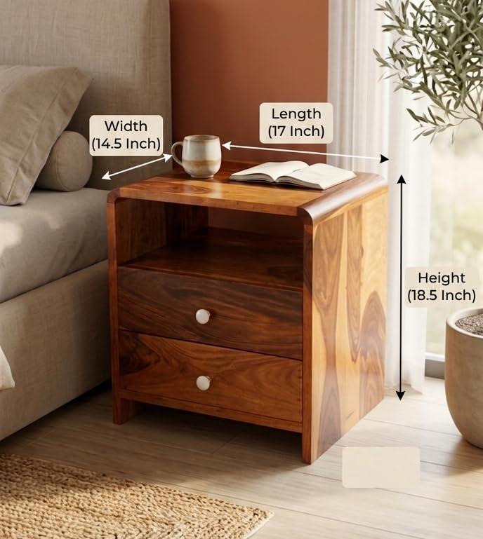 Image of Sheesham Wood Bed Side Table with 2 Drawer and Shelf Storage Wooden Nightstand End Table for Bedroom Home (Brown Finish) Already Assembled