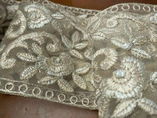 Vintage Embroidered Champagne Flower Leaves Hand Sewn Beads Sequins 3" Trim 1yd Fabric