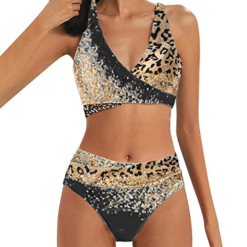 Bikini para mujer de dos piezas, pechos grandes, bikini azul para mujer, bikini brillante, traje de baño para mujer, bikini para tallas grandes, C-negro., XL