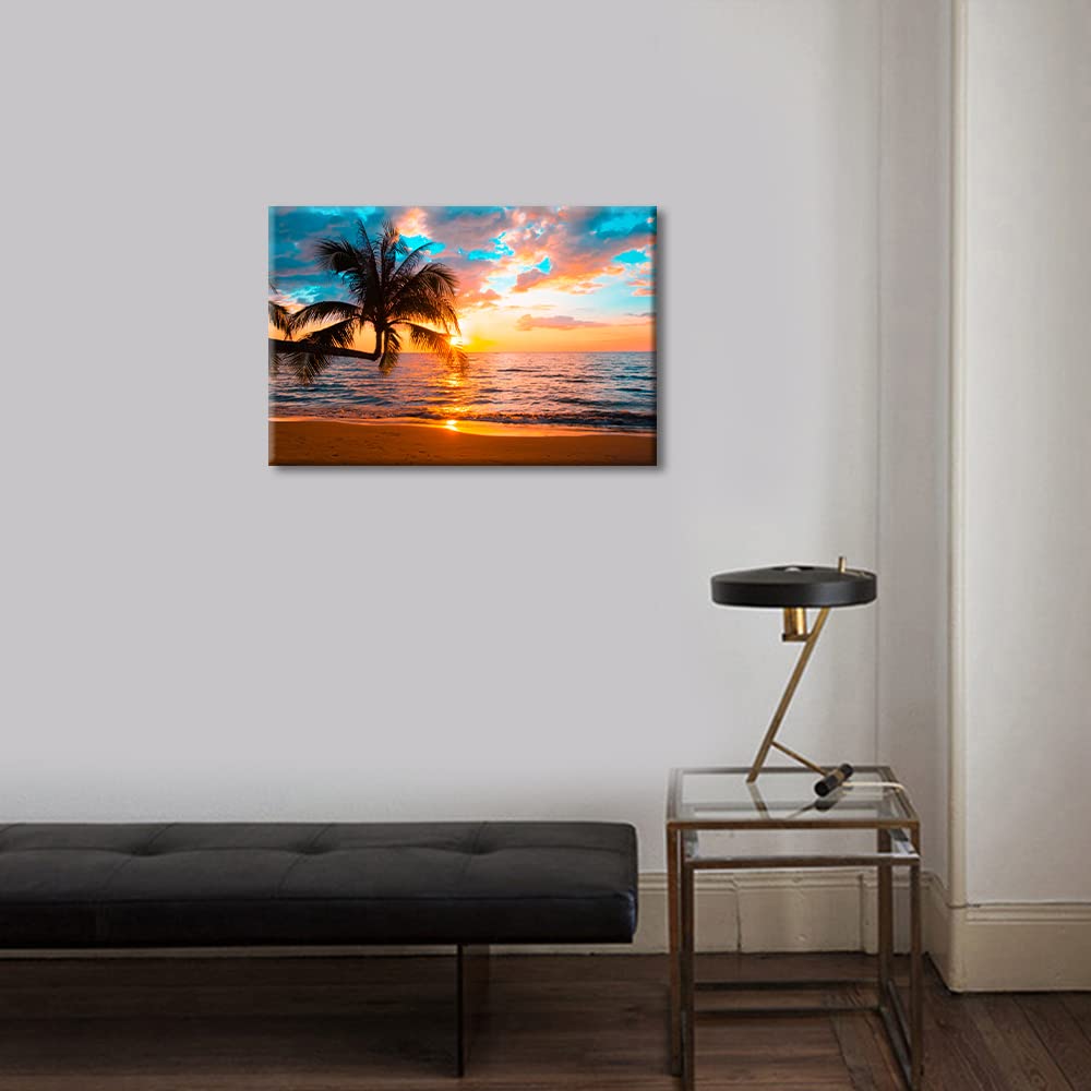 Canvas Wall Art for Living Room Bathroom Wall Decor Sunset Beach Sea Coconut Tree Ocean Landscape Painting Ready to Hang Home Decorations for Office Canvas Prints 24x16in - Image 4