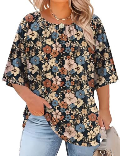 LOMON Plus Size Casual Shirts for Women Elbow Sleeve Crewneck Blouses Casual Peasant Curvy Tunic Tops (Black Floral 3XL)