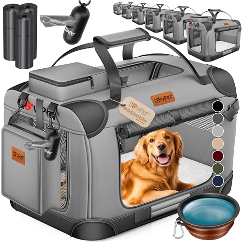 LOVPET® Trasportino per Cani Pieghevole - Box incl. Borsa per Il Trasporto e Ciotola - Per Cani e Gatti - Casetta per Il Trasporto di Animali Domestici, Grigio Chiaro, L