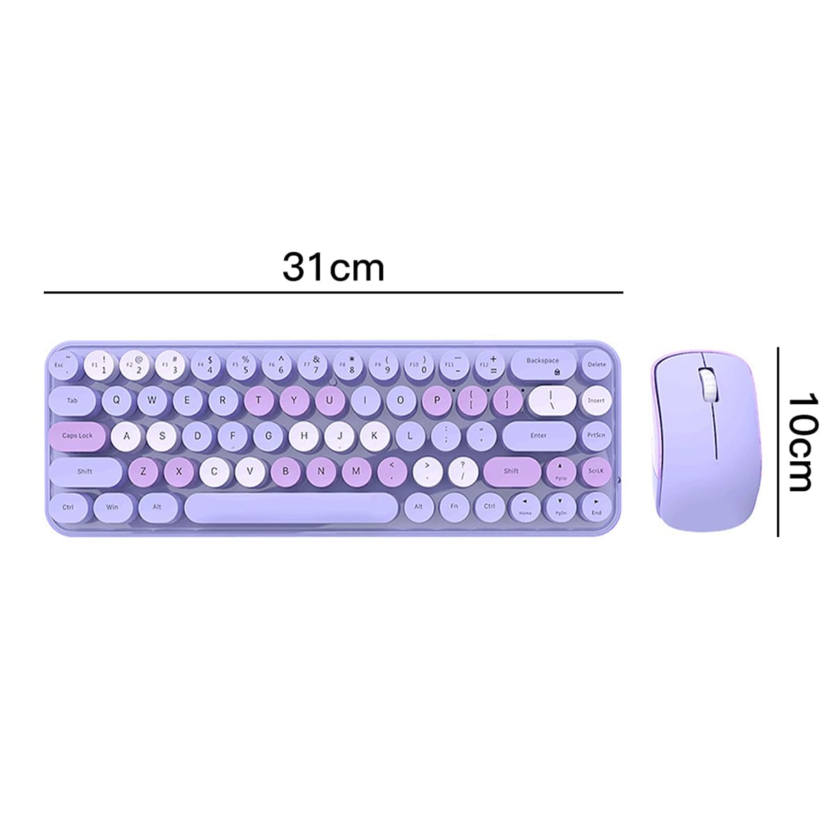 Sarini Bezprzewodowa kompaktowa klawiatura i mysz 2,4 GHz Retro okrągłe 68 klawiszy pastelowy fiolet i jasny fiolet do użytku w biurze, domu, komputerach stacjonarnych i laptopach