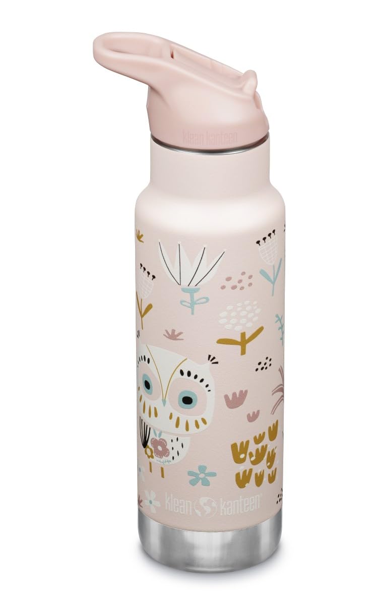 Klean Kanteen Kids Water Bottle with Straw | Insulated 350ml Drinks Bottle | 100% Leakproof | Flip and Seal Sports Lid | Childrens Metal Flask | Durable & BPA Free | Stainless Steel | Owlet