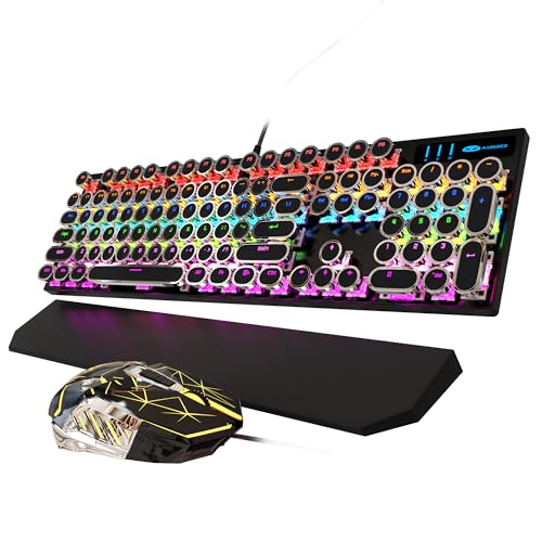 Image of MageGee Typewriter MOK-Storm Mechanical Gaming Keyboard and Mouse Combo, Retro Punk Round Keycaps RGB Rainbow LED Backlit USB Wired Keyboard for Game and Office Windows Laptop PC, Red Switches - Black