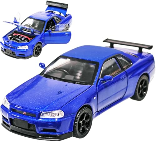 ERBADIHAGO Toy Car Compatible for Skyline GTR R34 Model Car 1/32 Die-cast Metal Toys with Light and Sound Pull Back Collectible Model for Children Age 3 + Year Old Festival Gift(Blue)