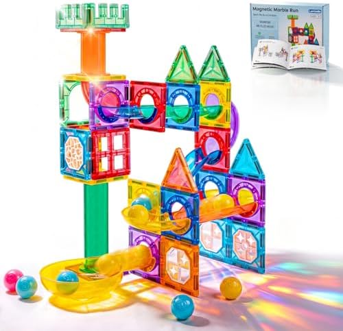 LARCIVELLE Magnetbausteine Kugelbahn Regenbogen Marble Run 66 Teile | 7,5cm Magnetische Bausteine Erweiterung Magnet Murmelbahn
