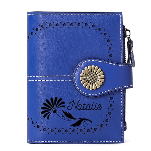 Custom Small Wallet,Engraved Name Wallets with RFID Blocking Clutch Purse Bifold Credit Card Holder with Zipper Coin Pocket for Women (Genuine Leather, Wax-Treasure Blue)