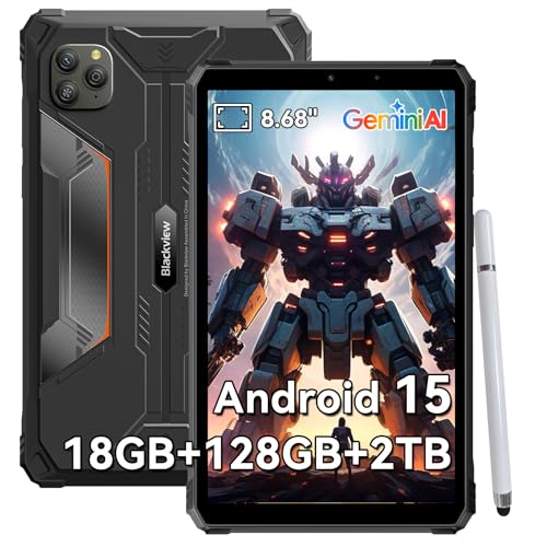 Blackview 9 inch Rugged Tablet, Android 15 Waterproof Tablet wirh Gemini AI, 18GB+128GB TF 2TB, 180Hz, IP68/IP69K, MIL-STD-810H Shockproof, 16MP+13MP, 18W/OTG/5G WiFi/GPS/NFC/TÜV/Face ID/Glove Mode