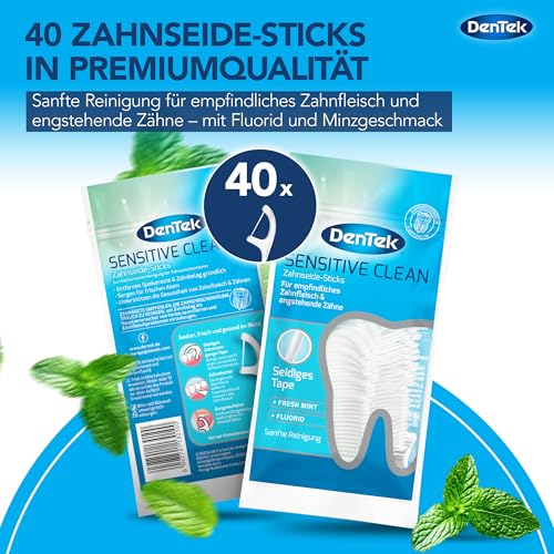 40 St. DenTek Sensitive Clean Zahnseide-Sticks - für sensibles Zahnfleisch - engstehende Zähne - Zahnreinigung der Zahnzwischenräume - Minzgeschmack - Fluorid - Zahnstocher - Zungenreiniger