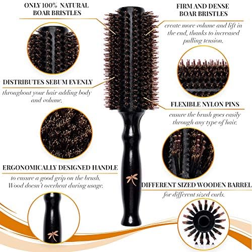 Belula Boar Bristle Round Brush for Blow Drying Set. Round Hair Brush With Medium 2.4" Wooden Barrel. Hairbrush Ideal to Add Volume and Body. Free 3 x Hair Clips & Travel Bag.