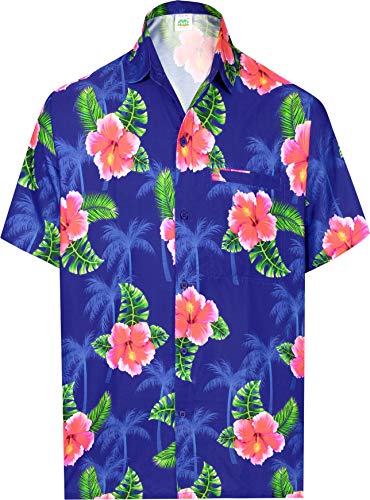 HAPPY BAY botón de los Hombres Abajo Bolsillo Delantero Manga Corta Camisa de la Playa de Flores en Forma periódica Impresa Camisa Hawaiana Azul Real_AA288 3X-Large Cover