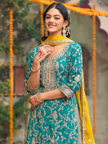 Image of INDO ERA Women's Silk Blend Embroidered Straight Kurta & Pant With Dupatta Set (IEOUT10592)