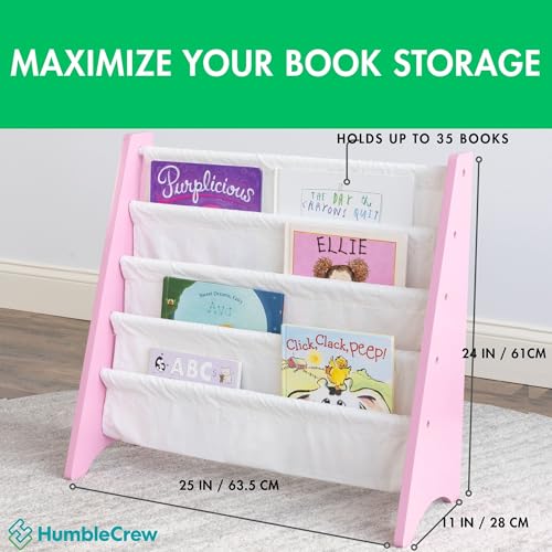 Image of Humble Crew Kids Bookshelf, 4-Tier Front-Facing Book Display Organizer, Montessori Toddler Bookcase for Playroom, Bedroom & Reading Corner, Pink /White