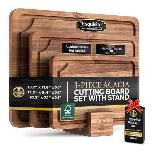 Pre-Oiled, Non Toxic 3-Piece Acacia Cutting Board Set with Stand, FSC Certified Wooden Chopping Boards, Includes 100ml Chopping Board Oil, 3 Size Wood Carving Boards for Home, BBQ Kitchens, Deer & Oak