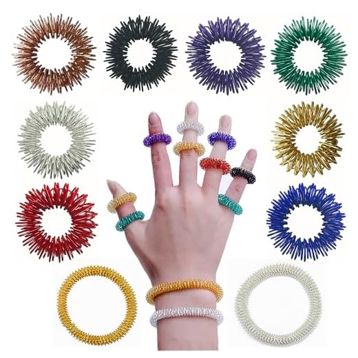 iLamvie 10 unidades de anillos de masaje, 8 anillos de acupresión para dedos y 2 anillos de masaje de muñeca, para niños y adultos, para reducir el estrés.