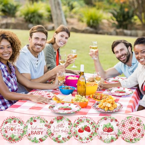 Image of Funnymoom 60 Pcs 7 Inch Strawberry Baby Shower Paper Plates a Berry Sweet Baby Is on The Way Party Decorations Strawberry Gingham Disposable Dessert Cake Plates Birthday Party Supplies