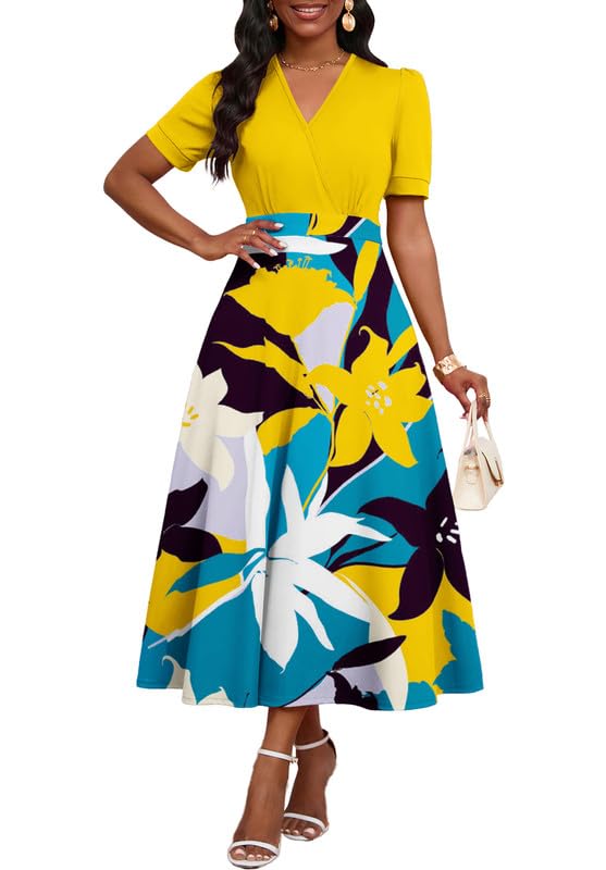 Image of MarryUP Women's Midi Dresses - V Neck Cocktail & Church Tea Dresses - Short Sleeve A-Line Swing Dress
