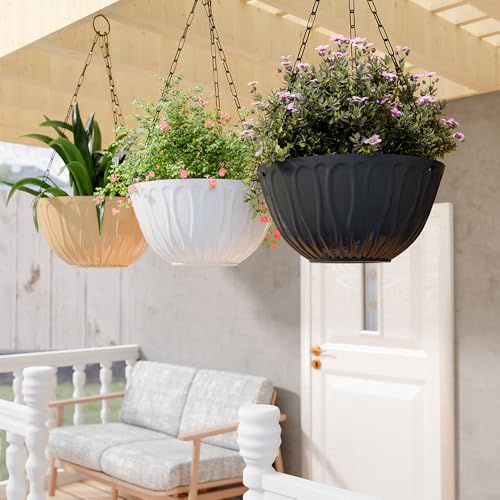 Image of YUCCABE ITALIA SHERA Hanging Wave 8 INCH, Plastic Flower Pot with Drainage Holes Round Planter Pot Suitable for Inddor Outdoor Kitchen (Beige, Pack of 3)