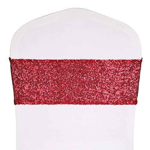 Desirable Life Pack of 25 Stretch Sequin Chair Sashes Chair Bands One-Sided Sequins Decor for Hotel Wedding Reception Party Event Chair Cover Decoration 4"x16" - Red