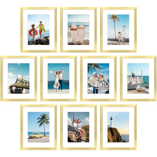 decorUhome 8x10 Picture Frame Set of 10, Display Photos 5x7 with Mat or 8x10 Unmatted for Picture Frames Collage Wall Decor, Gold
