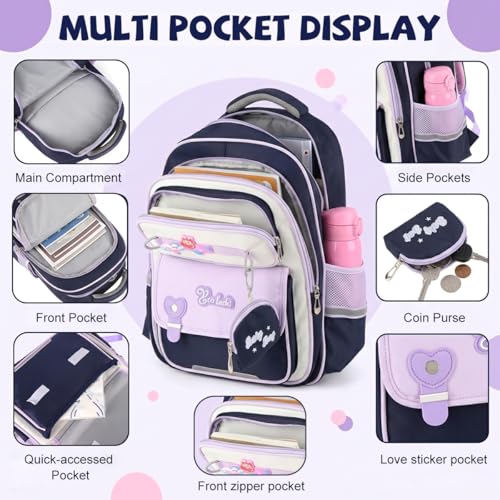 Image of PALAY School Bag for Girls Purple Blue Cartoon Backpack Waterproof Oxford Cloth Bookbag with Small Pouch Breathable Mesh Back Panel Stress Relief Daypack Children's Day Rakhi Gift for School Kids