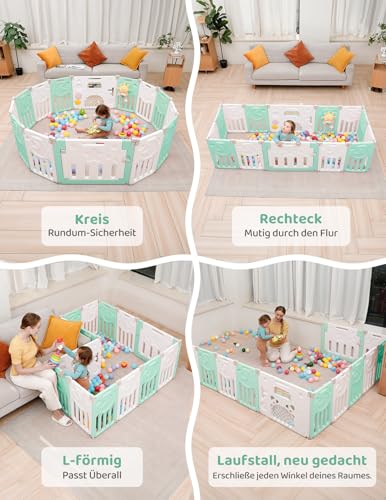 Dripex Laufstall Baby faltbar, laufgitter baby aus Kunststoff, laufstall mit Tür und Spielzeugboard, 150×150cm 14-Paneele, grün – Ansicht 4