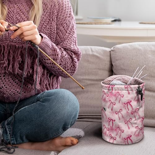 Image of Sellikakes Pink Bow Yarn Organizer Bag Tropical Flower Storage Holder for Crochet Hooks Needles Store Skein Ball Short Knitting Needles