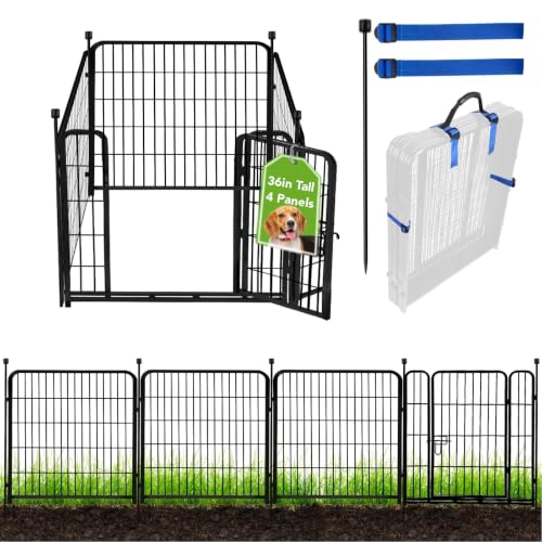 Image of ADAVIN Tall Garden Fence with Gate, 36 in(H) 4 Panels Heavy Duty Iron Metal Animal Barrier Fence, Fence Blocker for Dogs, Portable Temporary Fencing. Total 9 Ft(L). Black