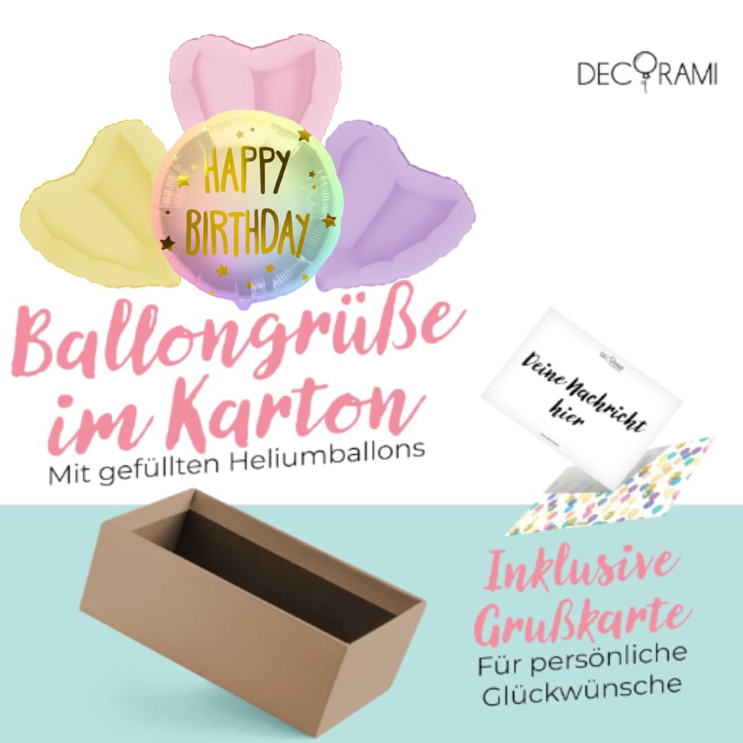 DECORAMI - celebrate happy times Heliumballons 4 Stück, Happy Birthday Regenbogen Pastell, Herzballons, Geburtstag Luftballons mit Helium befüllt, Ballongrüße mit personalisierter Grußkarte